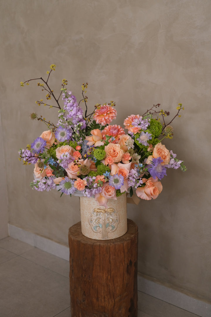 Aurelia Omakase flower box with soft peach, champagne and purple blooms – bespoke Mother’s Day gift in Penang by Bamboo Green Florist