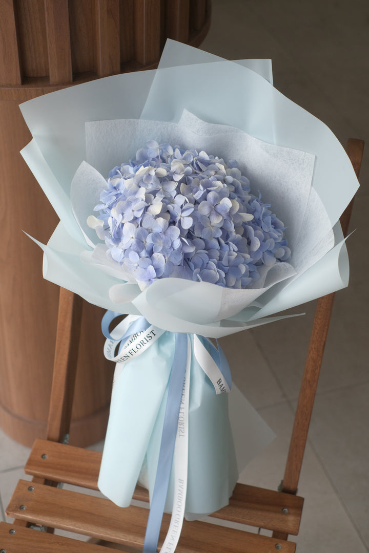 Velvety hydrangea bouquet with charming gypsy (baby's breath) accents, crafted by Bamboo Green Florist. Available for same-day delivery in Penang.