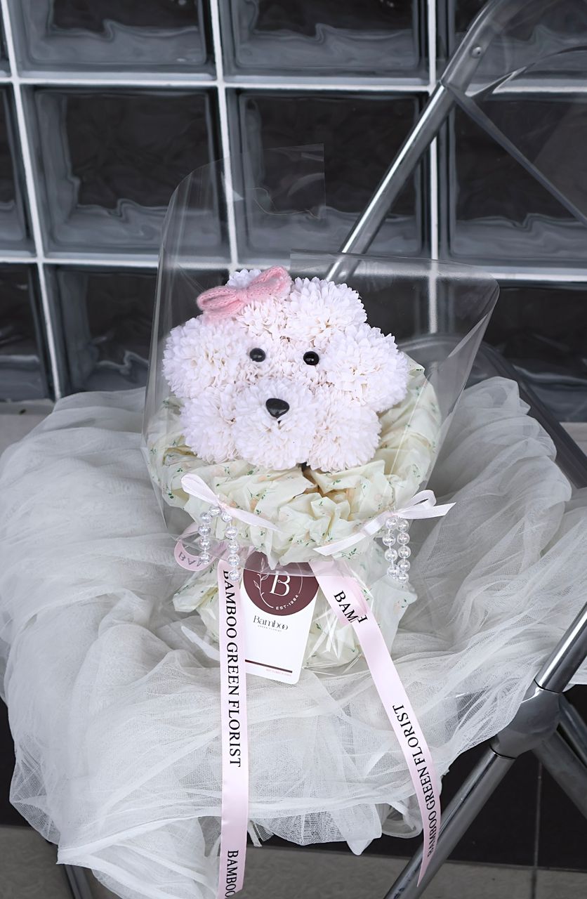 Adorable doggie-shaped soap flowers, crafted with fragrant petals for a unique and playful gift. Soap flower arrangement, cute floral design, Penang florist.