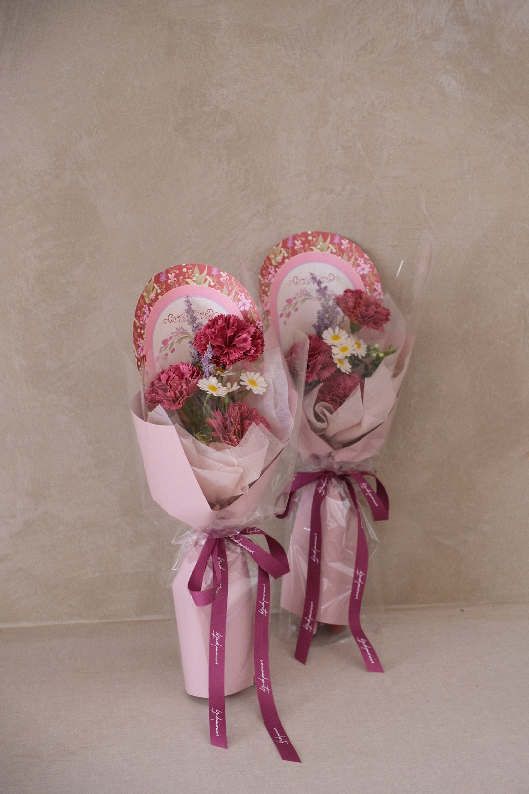 3 purple vintage carnations in soap flower arrangement with everlasting fillers – Dolce by Bamboo Green Florist, Penang’s trusted Mother’s Day florist