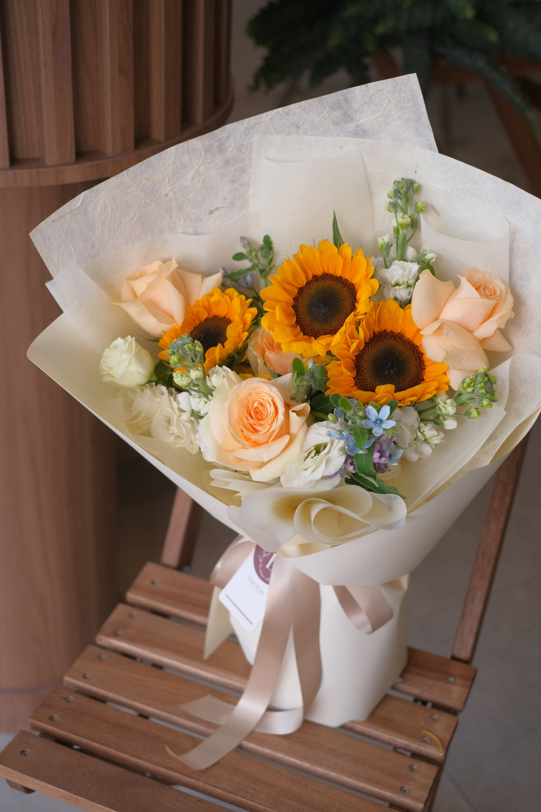 Sunflowers & Champagne Roses Bouquet | Bright & Elegant Floral Arrangement | Fresh Handpicked Blooms | Online Penang Florist | Same-Day Delivery Available