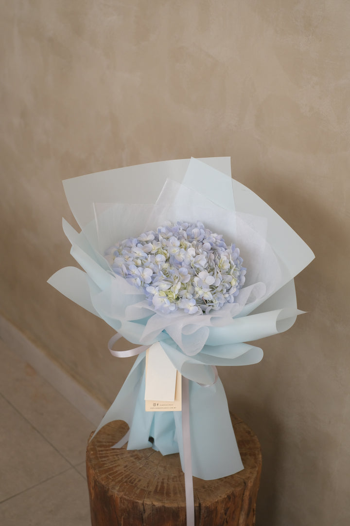 A bouquet of vibrant blue hydrangeas with lush, full blooms, arranged with simplicity and elegance, evoking a sense of calm and serenity