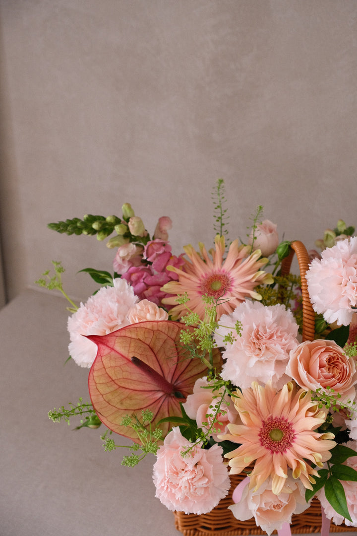 Savonade flower basket arrangement with pastel pink carnations, apricots, and cream blooms for Mum, Grandma, Auntie – Penang delivery