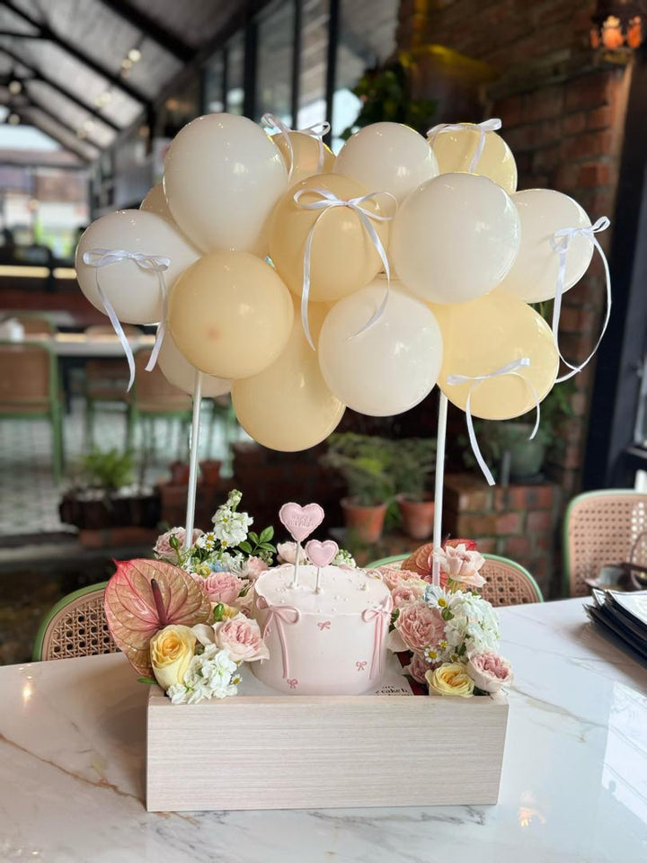 Balloon Bloom Box with Cake & Fresh Flowers