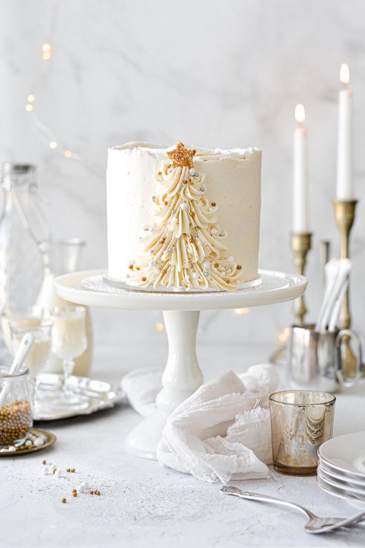 Pretty White Snowy Pine Tree Christmas Cake by Bamboo Green Florist – adorned with piped cream trees, gold sugar pearls & sparkling sugar. Order in Penang!