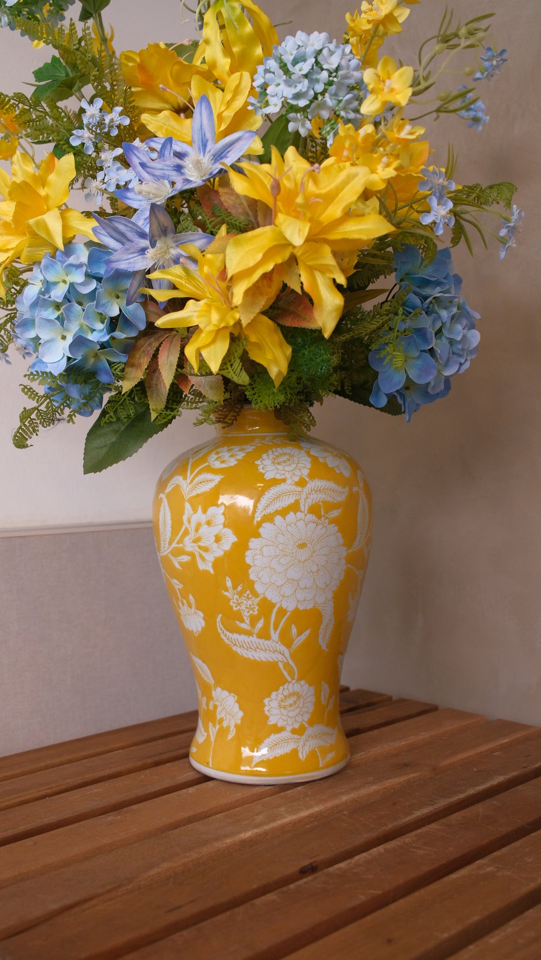 Hand-glazed yellow ceramic vase with delicate motif – part of Maison Flor artificial floral art for home styling and interior decoration.