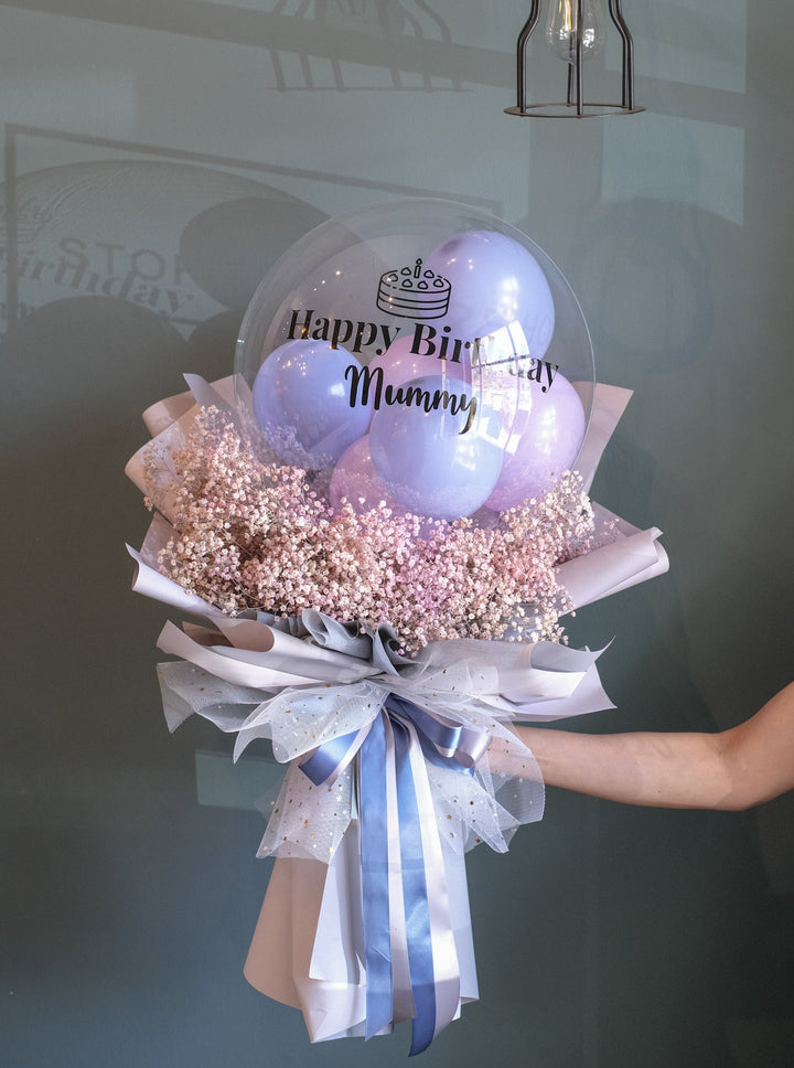16 inches balloon with baby breath nestled around, sure to please your recipient. Balloon and flowers delivery, same day bouquet delivery to Penang, Bukit Mertajam