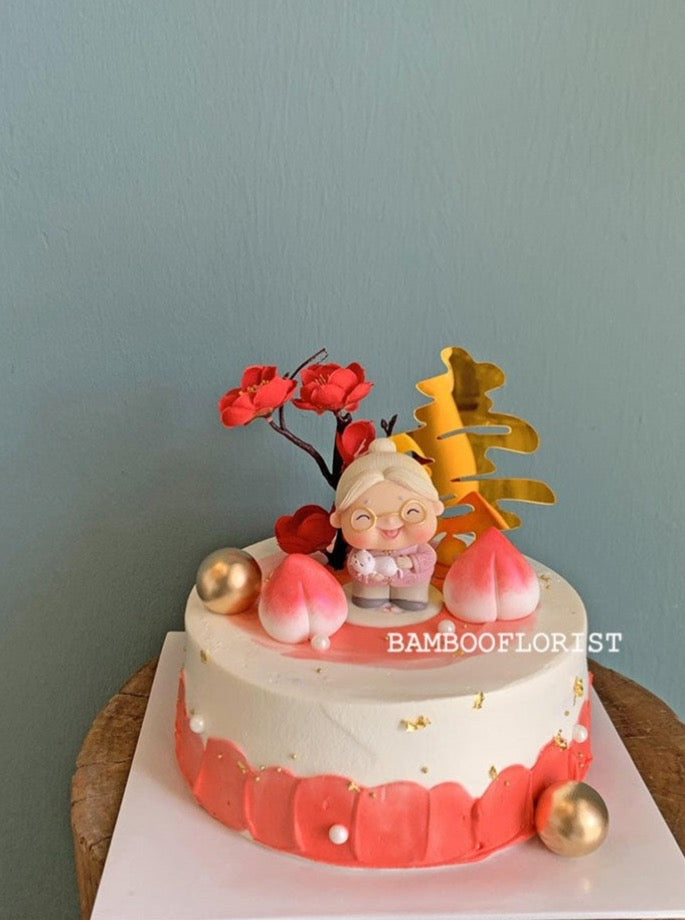 A cheerful longevity cake with a cheerful granny sits on top of the cake. For penang birthday cake delivery.   Size : 7"