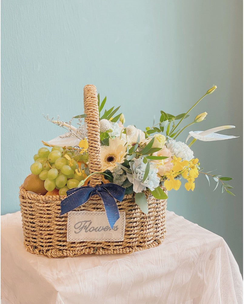 Arrangement of Anthurium, Daisies, Carnations and fillers as well as fruits, compliment with a cute basket, definitely a great gift for someone. Same day fruit basket delivery in Penang and Butterworth.