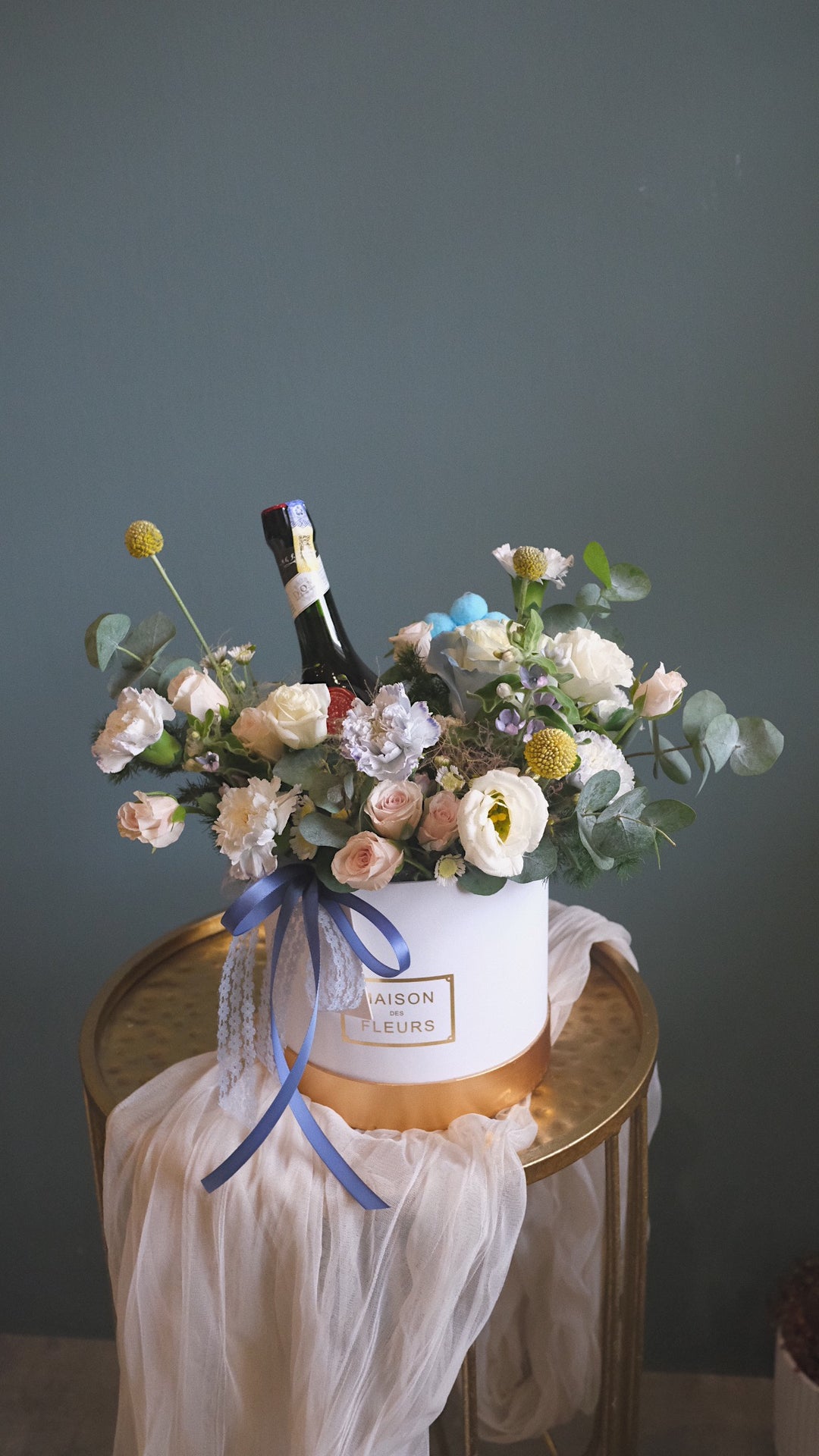Celebrate the joy of motherhood with our Happy Together Box—soft-hued flowers and a bottle of DOM for the new baby celebration. Order online for same-day delivery in Penang!