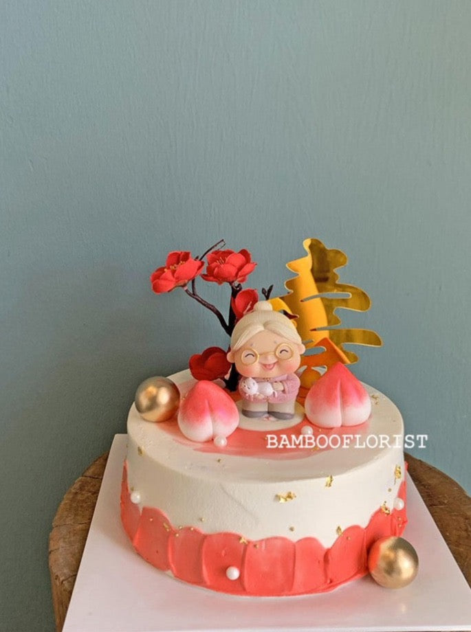 Cheerful 7-inch Longevity Cake with a happy granny topper by Bamboo Green Florist – a perfect celebration cake in Penang. Order now for delivery!