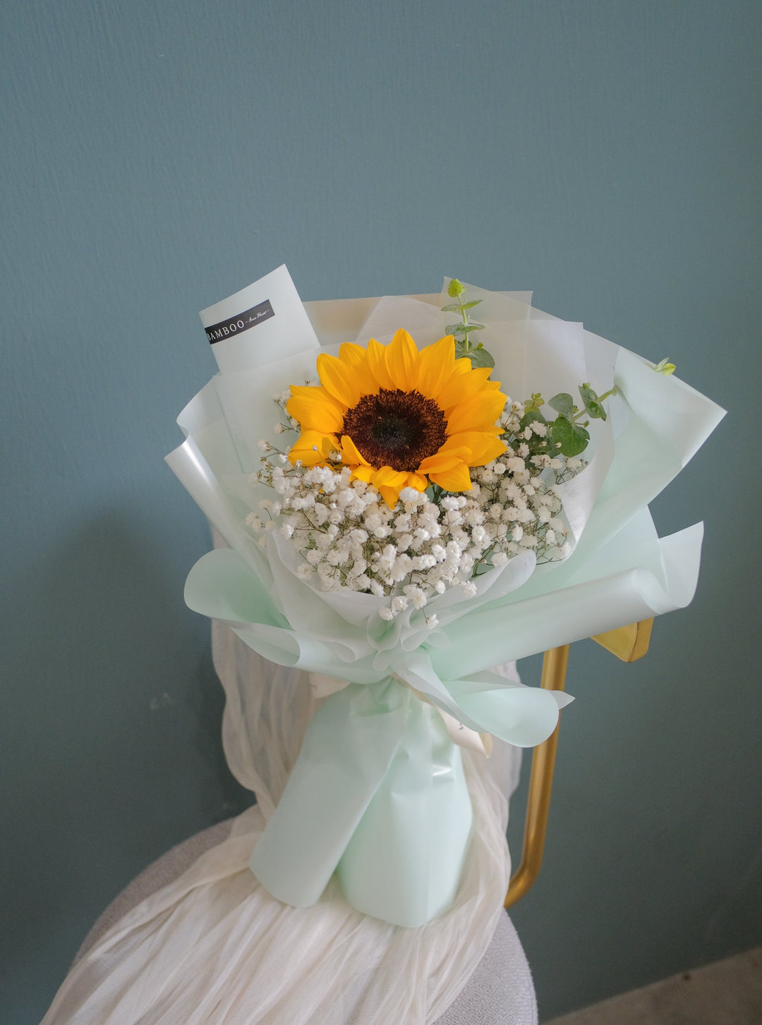 Cute sunflower and baby breath posy bouquet, a cheerful floral gift to brighten their day. Penang florist, order online, deliver same day, graduation.
