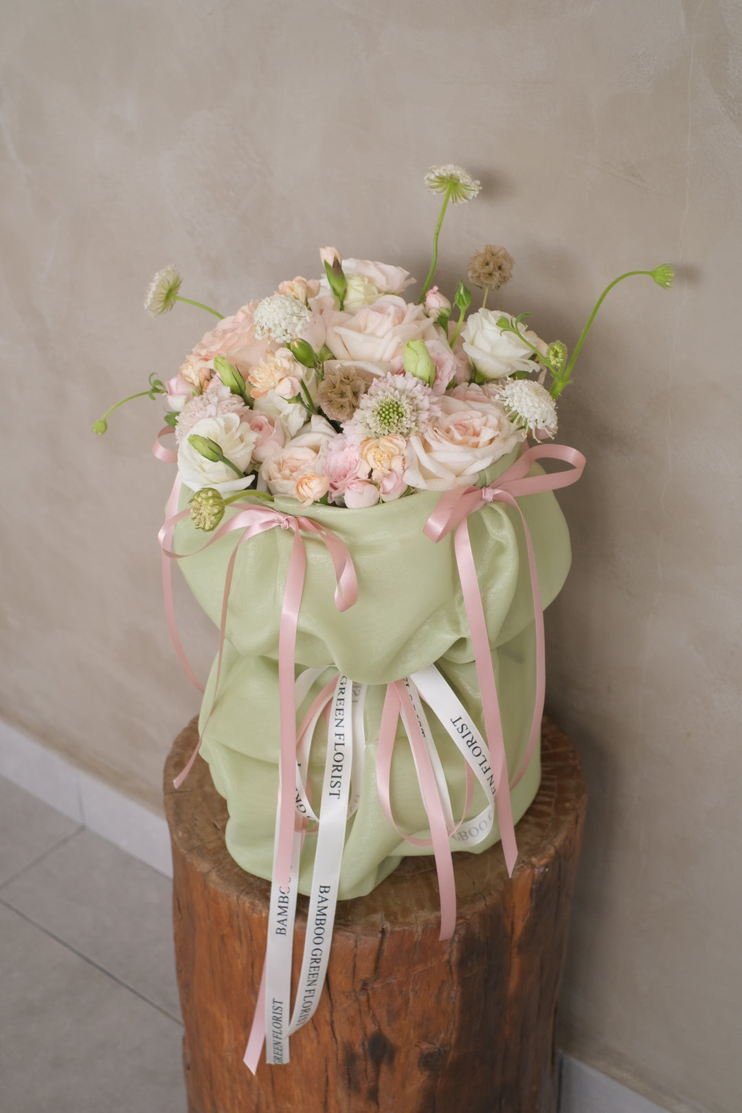 Omakase Ballerina Bouquet | Soft Pastel Flowers | Mint Green Satin Silk Wrap | Elegant & Delicate Arrangement | Online Penang Florist | Same-Day Delivery