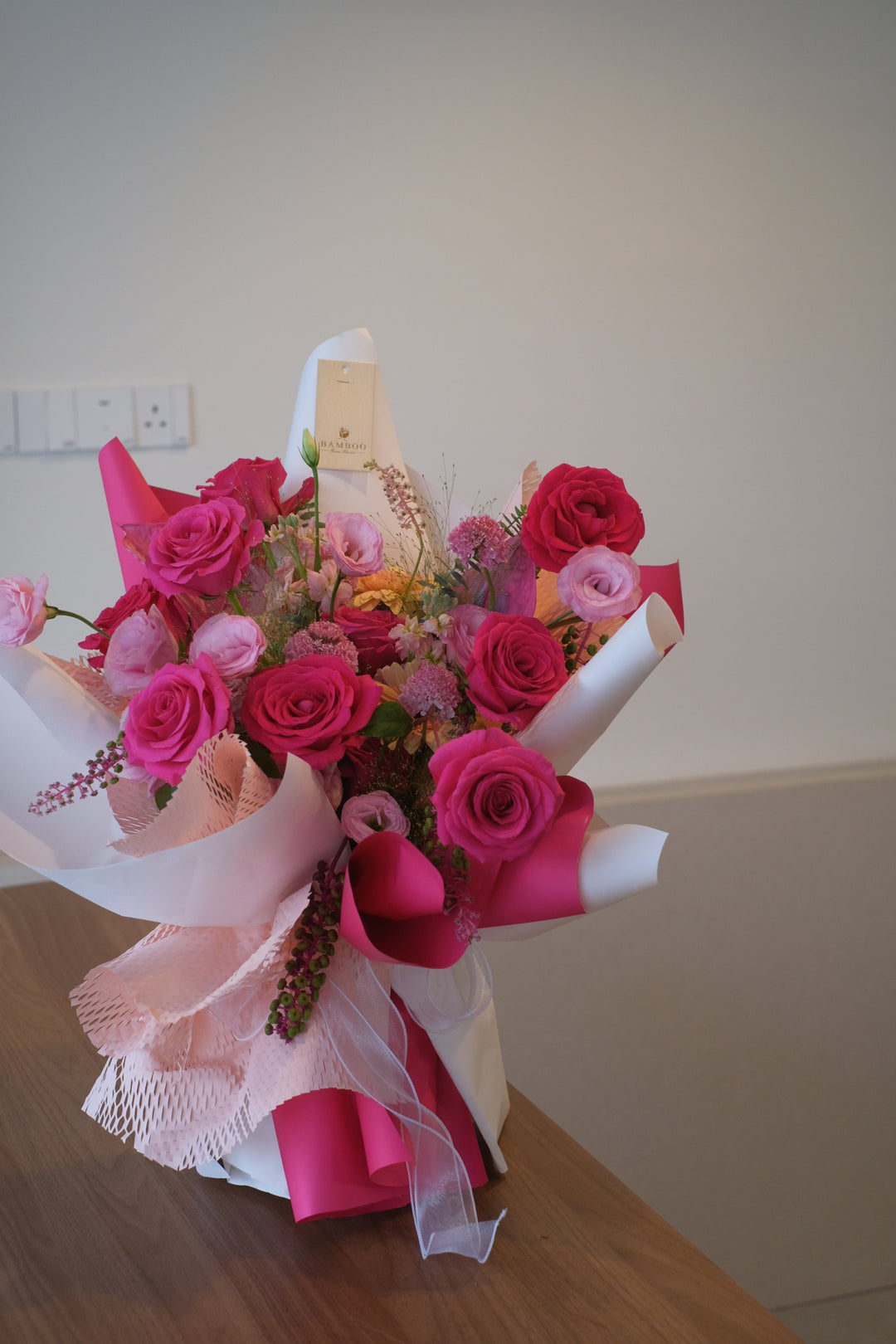 barbie-inspired flower arrangements ideas, customised flower bouquet, pink and red bouquet of rose, alternative to bloomthis penang
