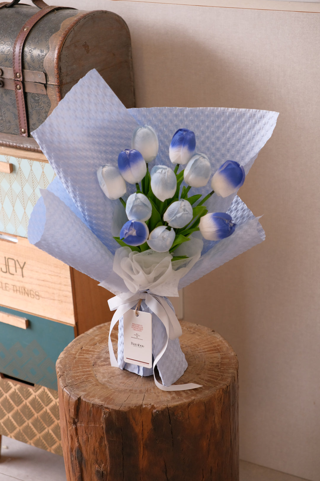 12-stem soap flower tulip bouquet in minimalist wrapping

