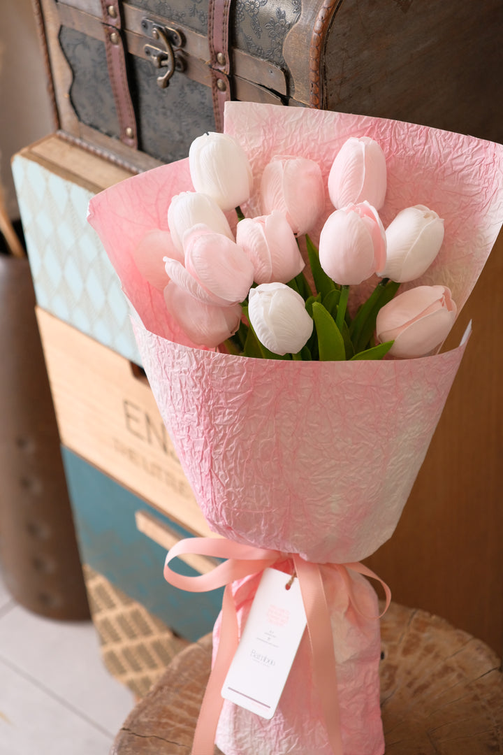 realistic soap tulip flowers in a gift bouquet

