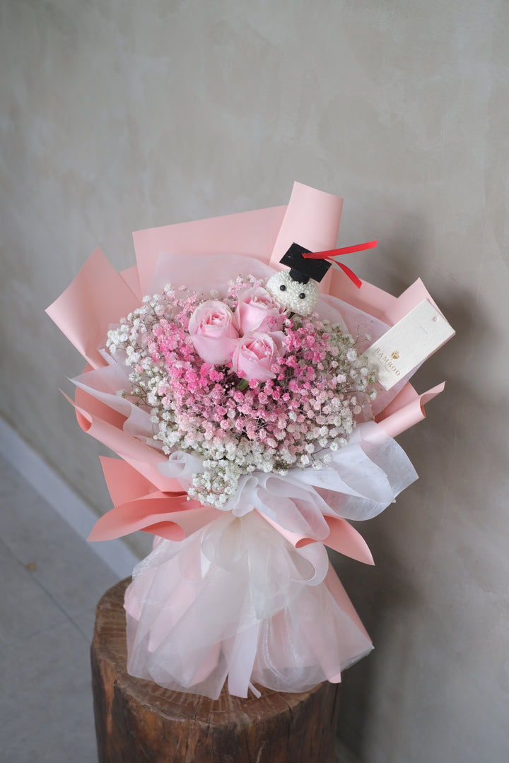 graduation bouquet with roses and bab breath