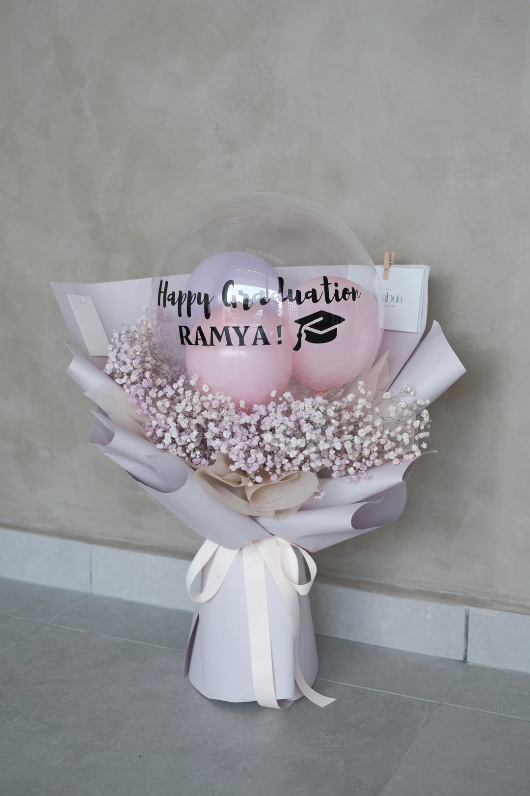 flower arrangements ideas by floristry Bamboo Green Florist Penang, graduation flowers with baby breaths and balloon, same day flower delivery