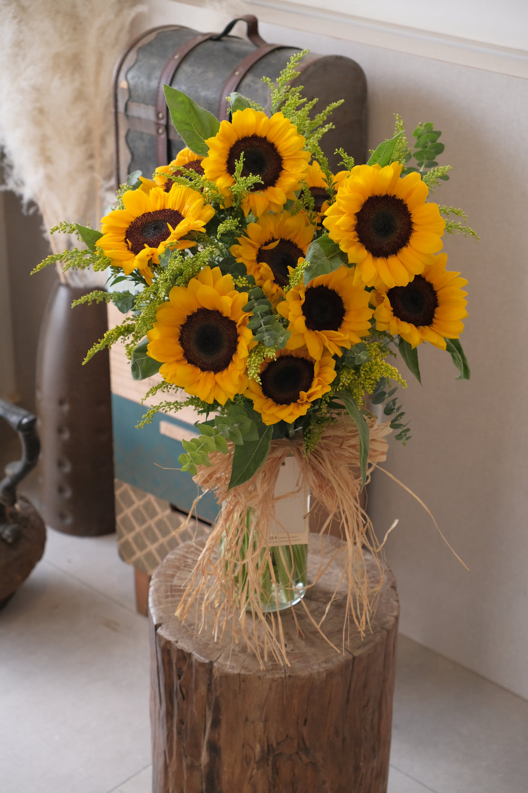 Sunflower vase arrangement with seasonal fillers and greenery – Bamboo Green Florist Penang

