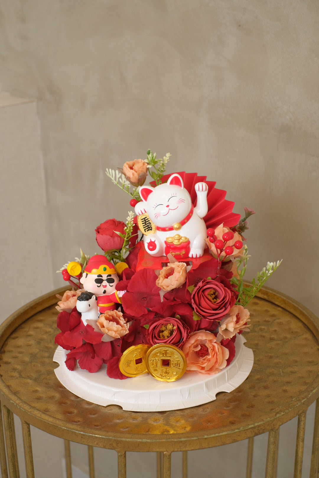 lucky cat and god of wealth arrangement for grand opening delivery in penang