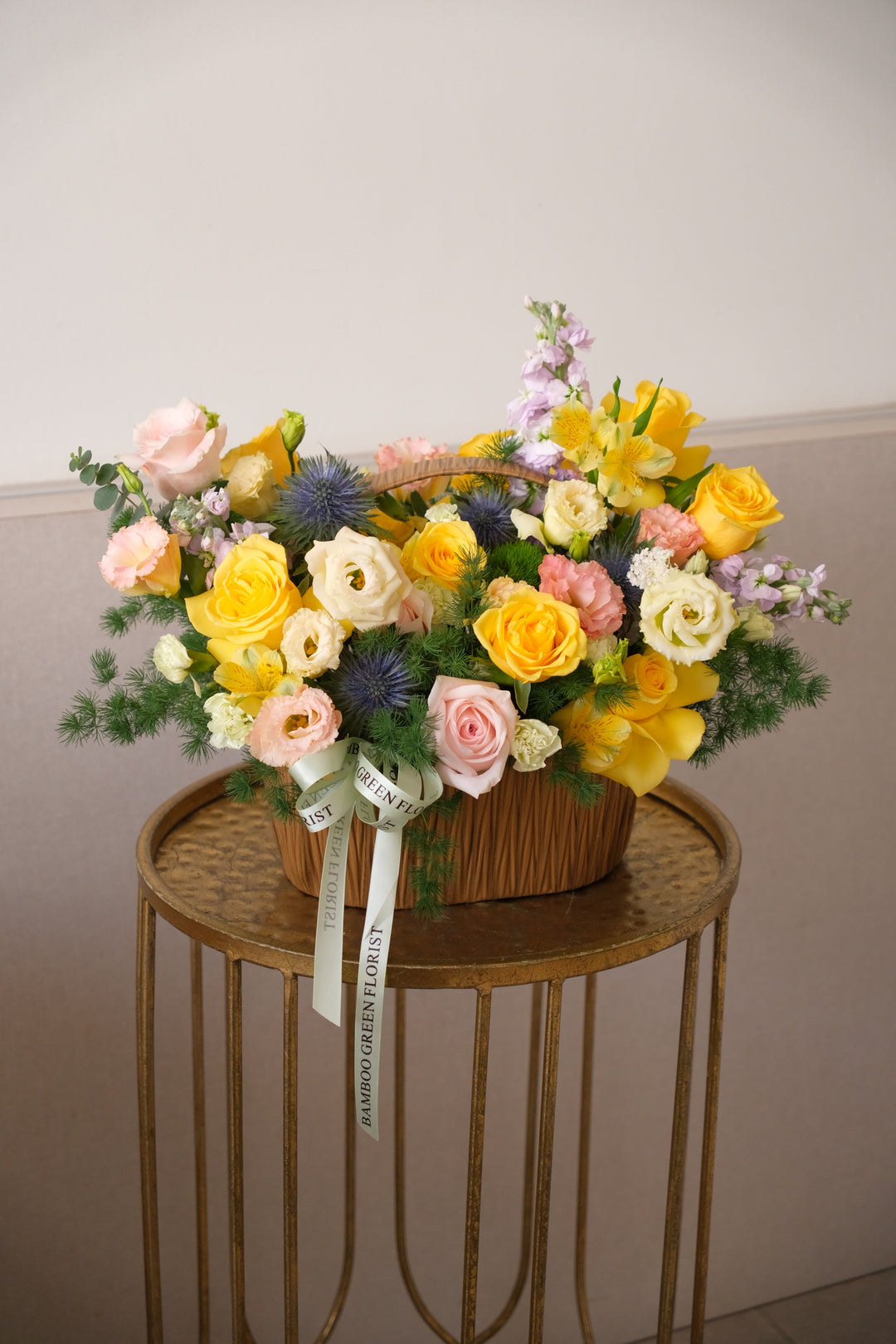 Omakase flower basket in yellow and pastel tones