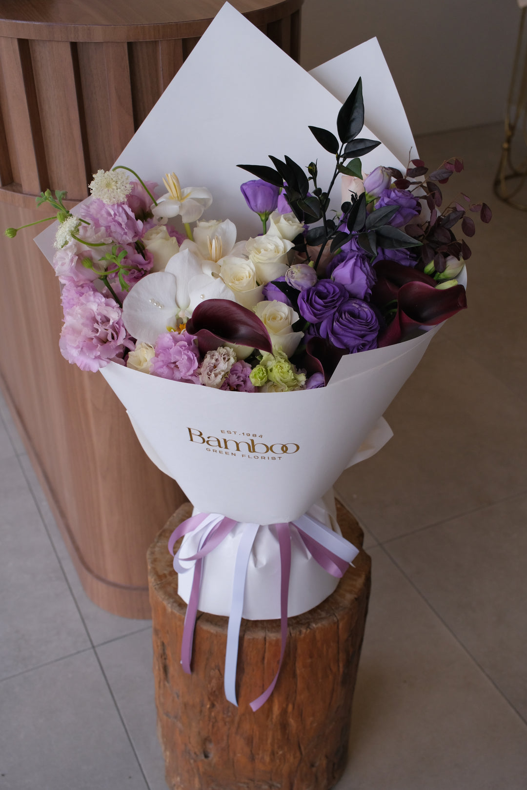 Omakase Midnight Lavender bouquet by Bamboo Green Florist Penang — luxury purple and lavender fresh flower arrangement.