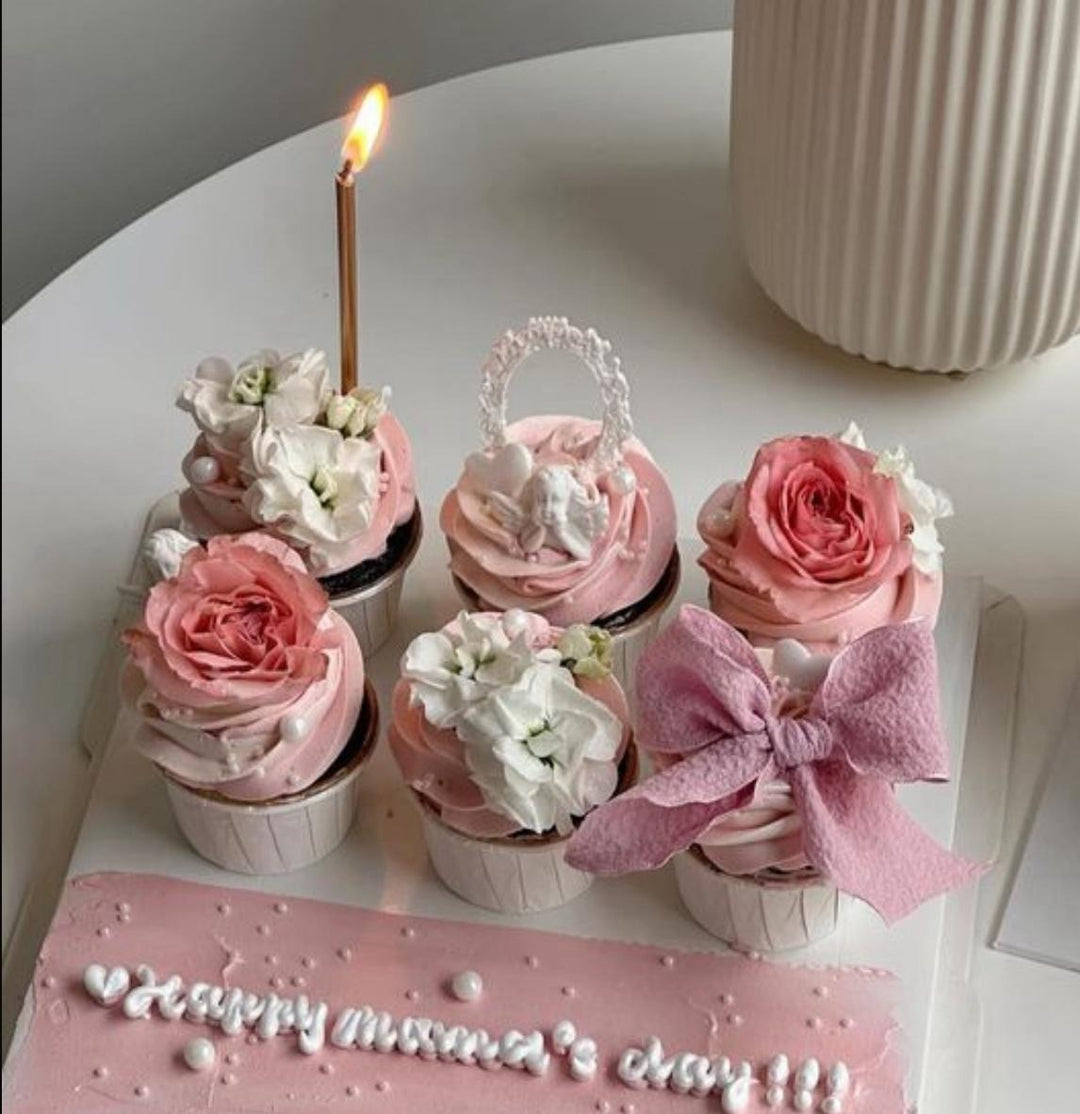 Set of six pink fresh cream cupcakes topped with real garden roses and pearls, by Bamboo Green Florist, the No.1 online florist in Penang