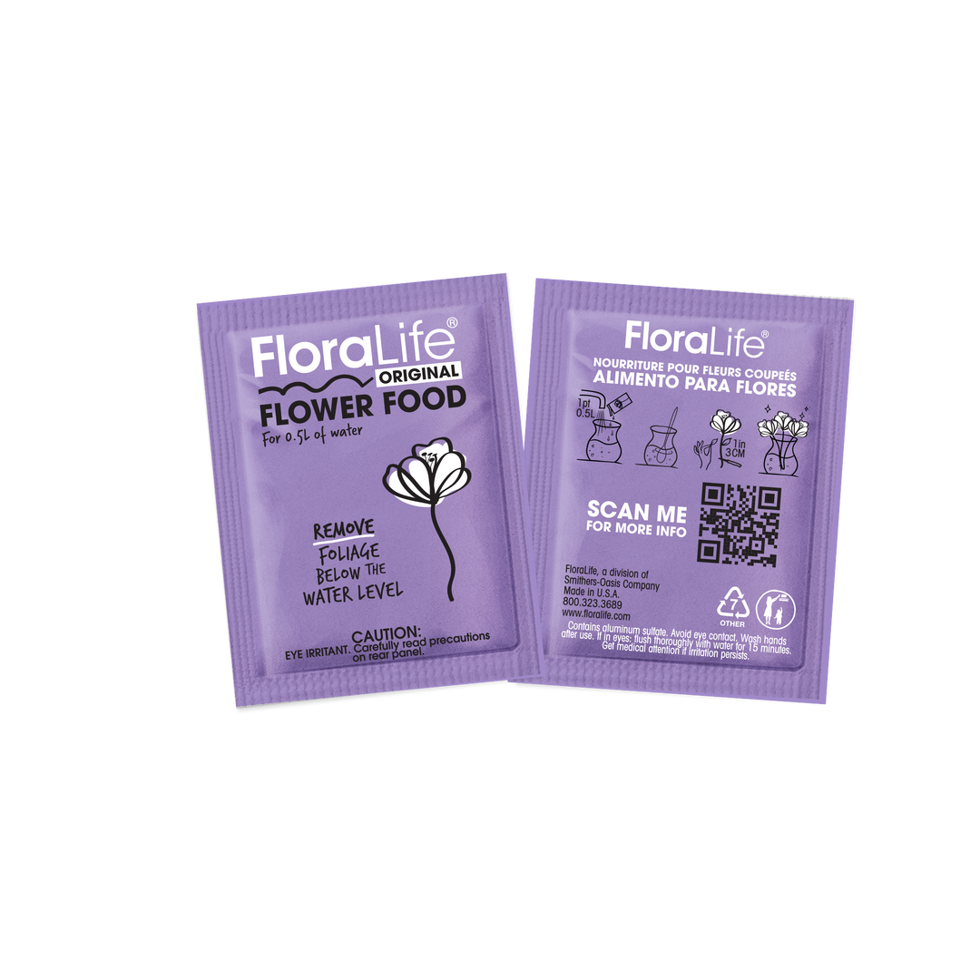 FloraLife Flower Food 300 sachet — front and back of one 0.5L packet, cut-flower food add-on from Bamboo Green Florist Penang