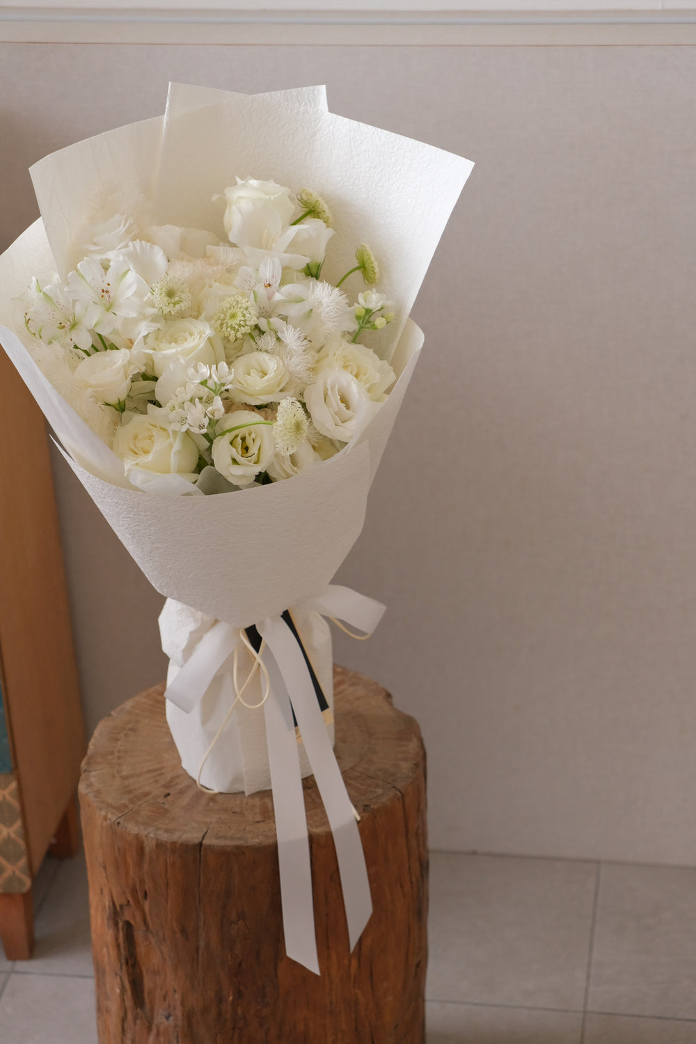 Penang florist Bamboo Green — premium all-white bouquet with roses, tulips, and fresh seasonal flowers.