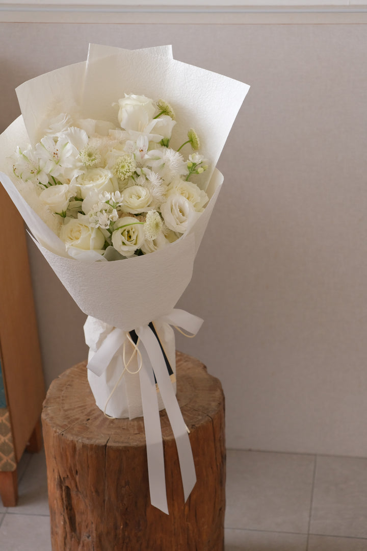 Penang florist Bamboo Green — premium all-white bouquet with roses, tulips, and fresh seasonal flowers.