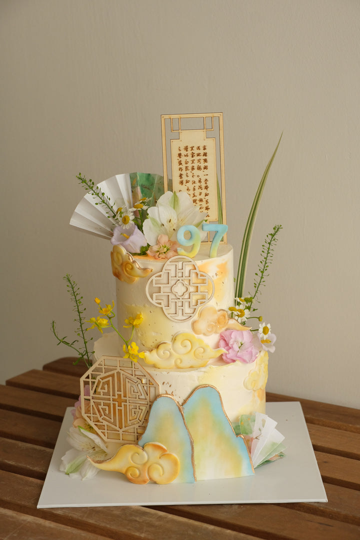 Pastel two-tier Chinese longevity cake for a 97th birthday by Bamboo Green Florist Penang