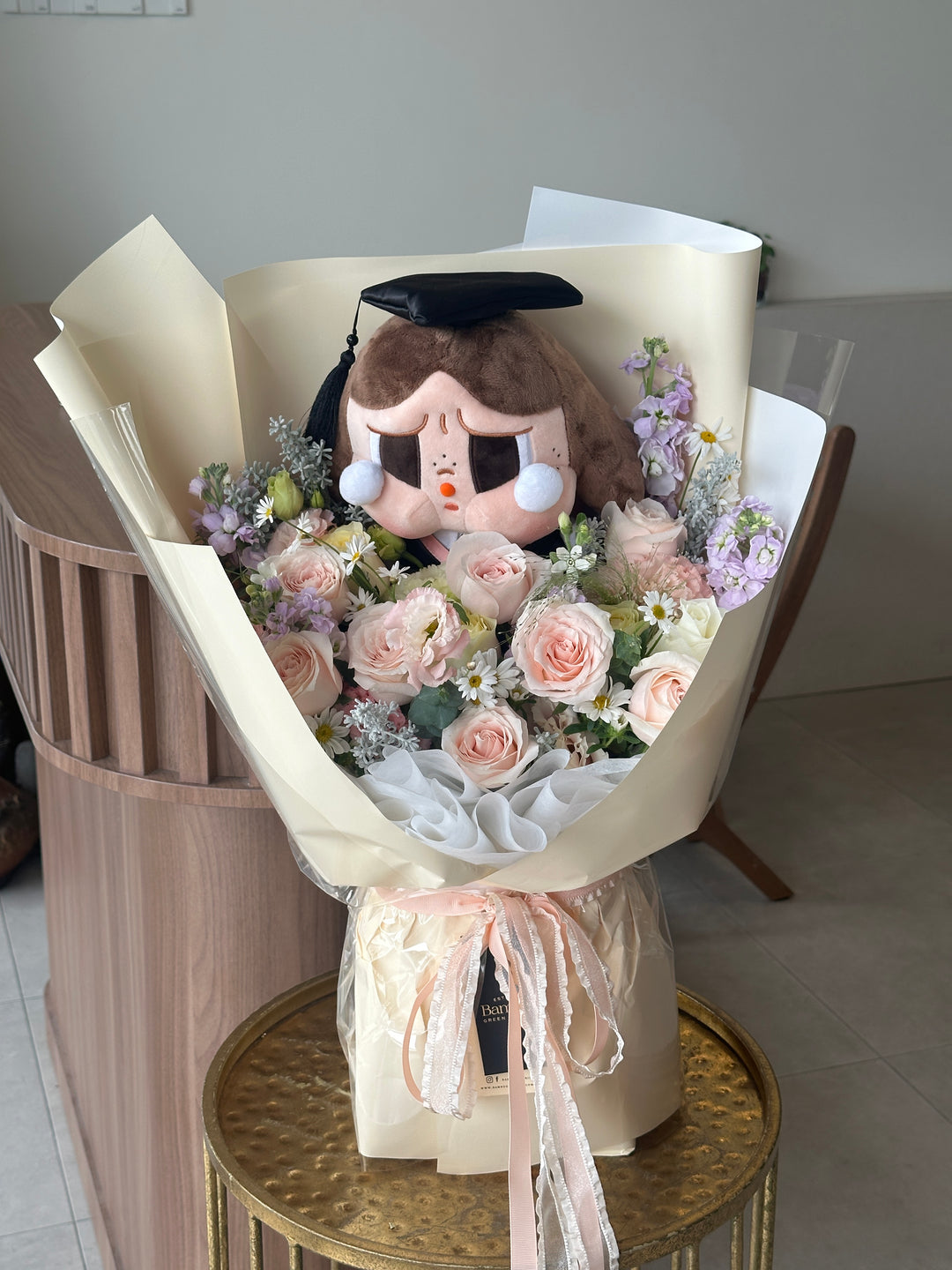 CRYBABY Sunset Concert Bouquet with fresh pastel flowers and cute plush doll by Bamboo Green Florist Penang