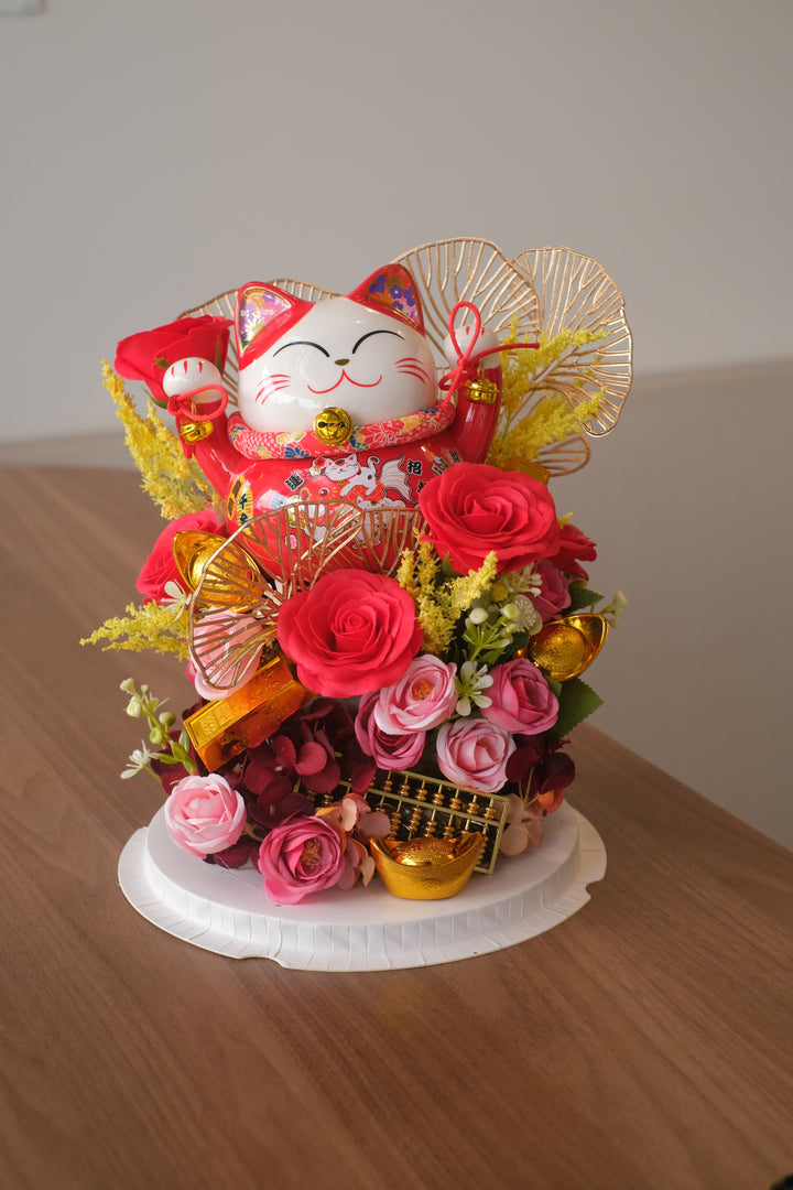 Lucky cats (Maneki-neko) with artificial flowers for prosperity and success. Penang florist, Order online, deliver same day, artificial flowers.