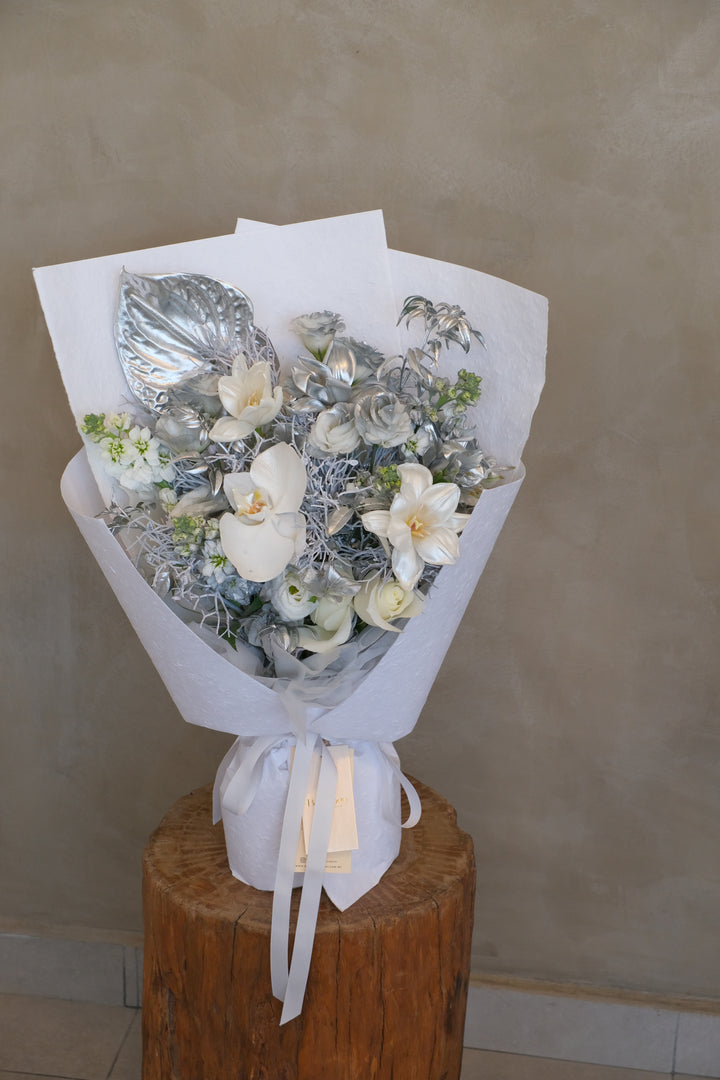silver bouquet in white wrapping for penang delivery