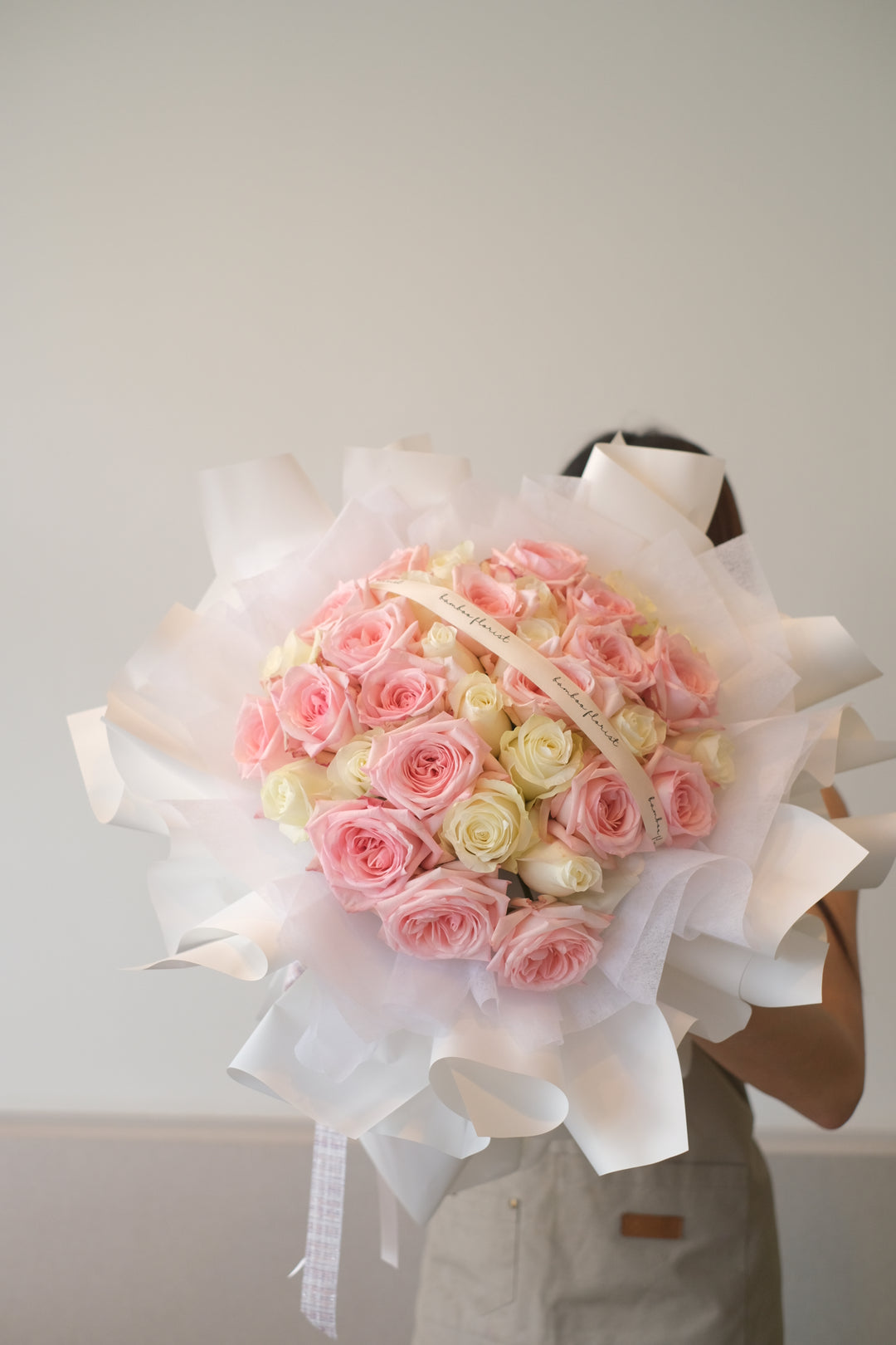 lychee roses bouquet- customized roses bouquet in penang, with pink & white roses, proposal bouquet in butterworth