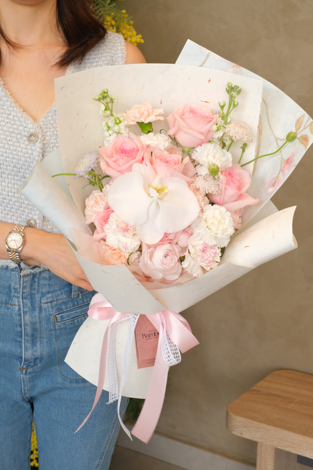 bouquet of pink roses and carnations made for mother's day delivery in penang
