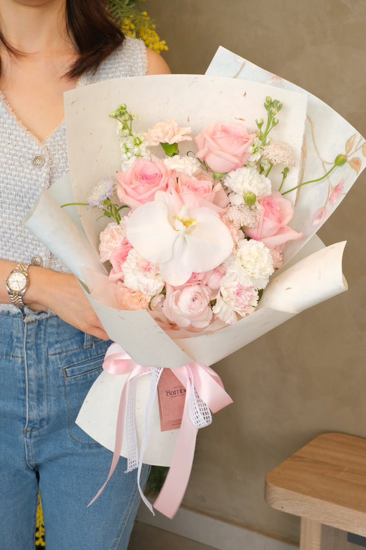 bouquet of pink roses and carnations made for mother's day delivery in penang