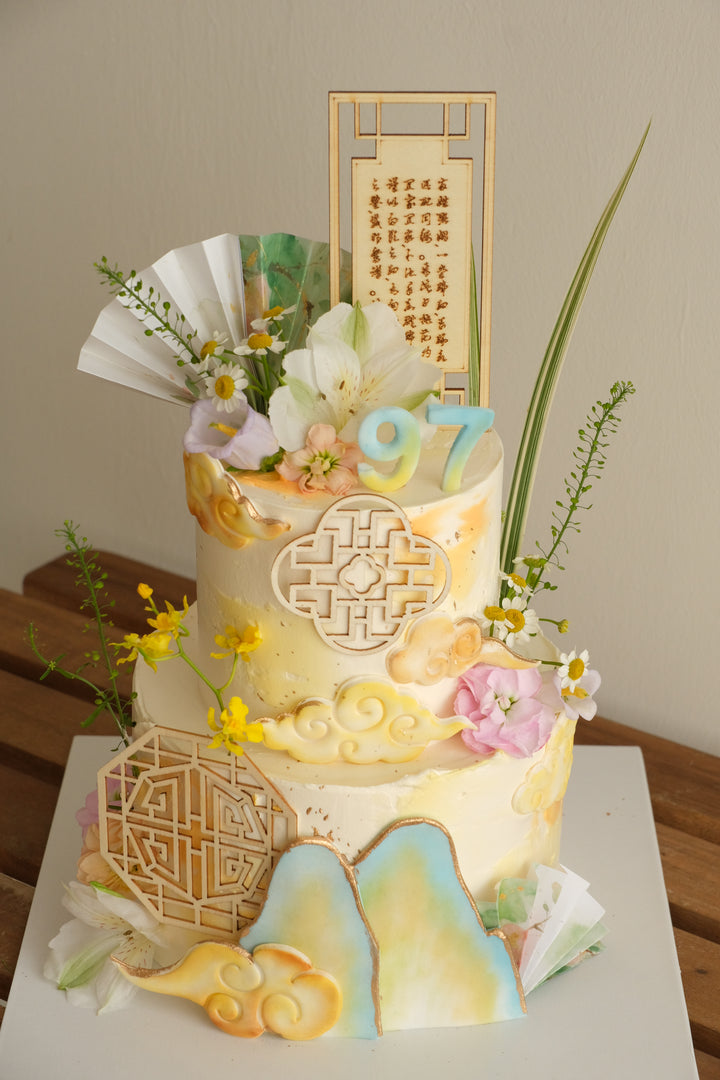 Pastel two-tier Chinese longevity cake for a 97th birthday by Bamboo Green Florist Penang