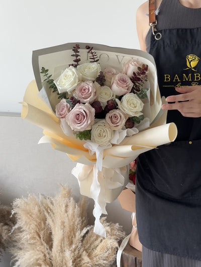 bouquet of rose, comprising of pastel colour premium quicksand & white roses, fresh flowers, same day delivery flower bouquet near me