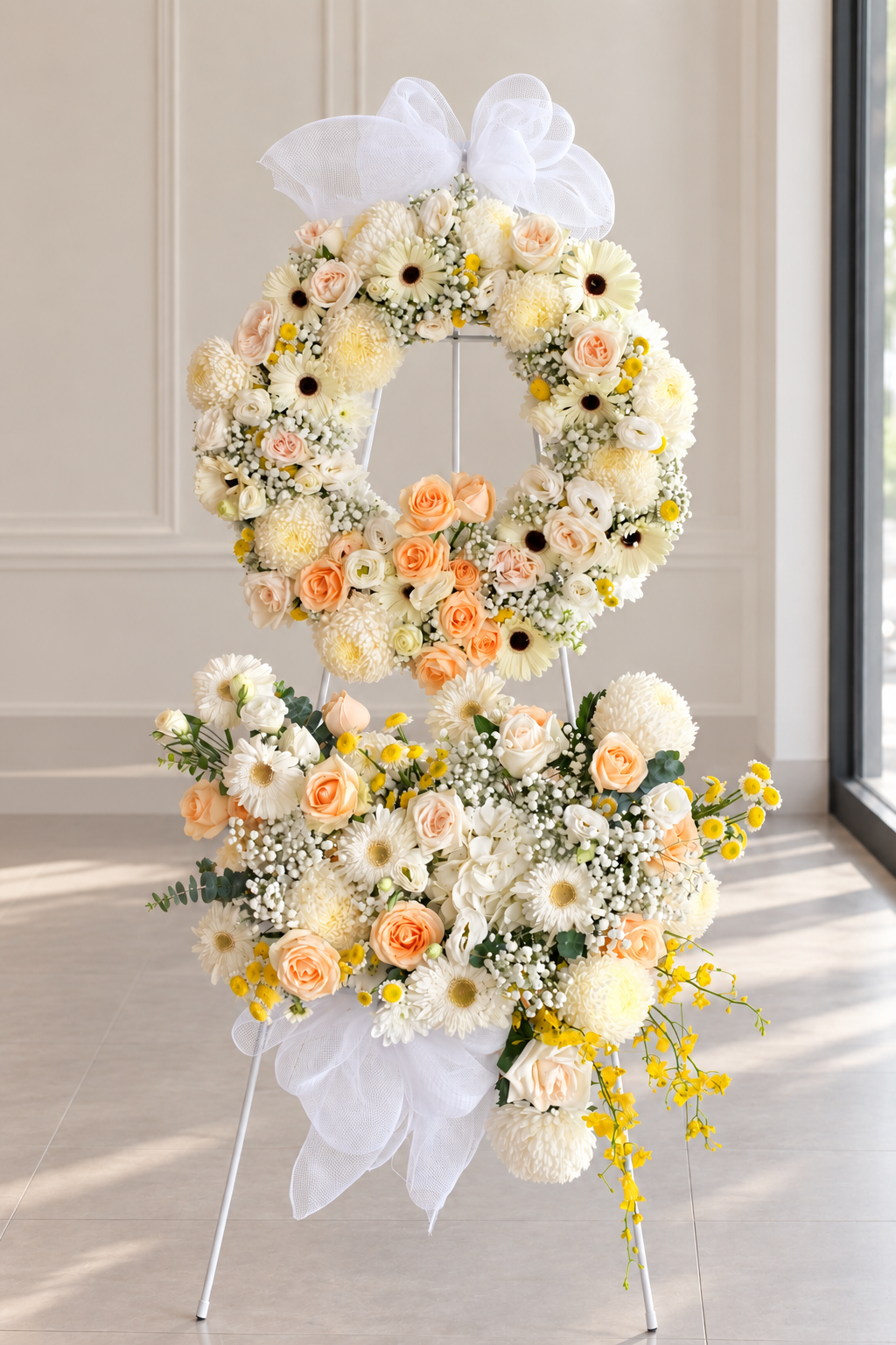 condolence flower stand, white, cream and peach with yellow orchid, white mesh bows, Bamboo Green Florist Penang