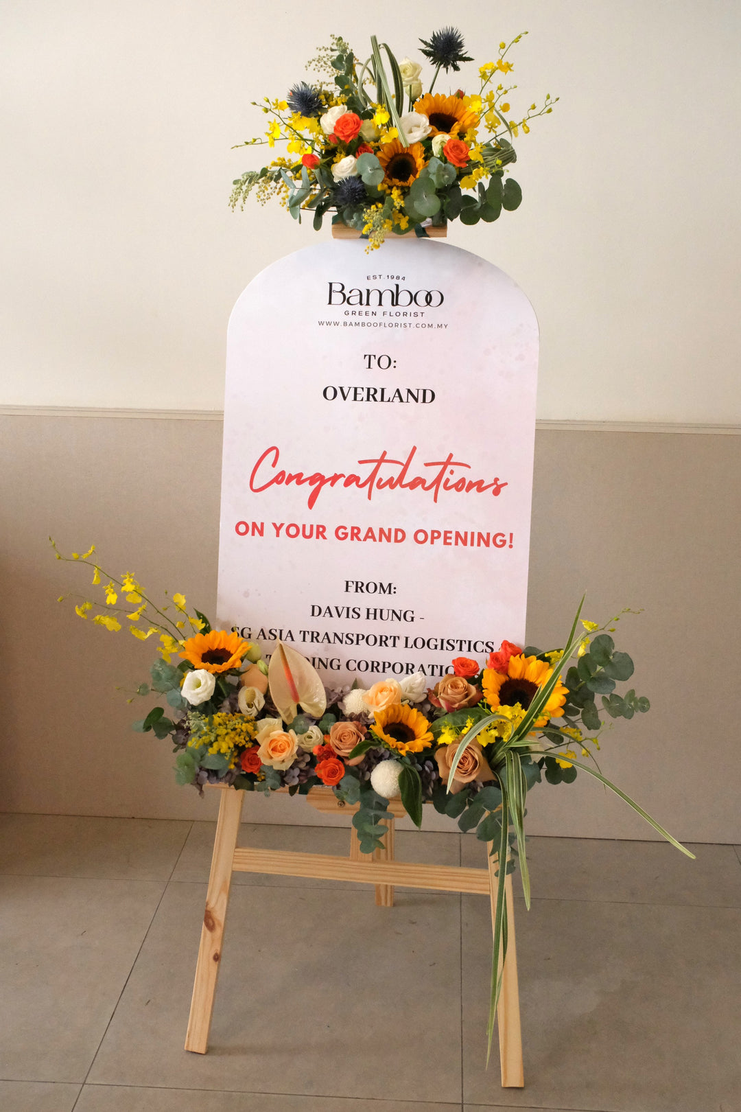 customised grand opening flowers in penang, special opening flowers in penang, congratulations stand delivery in bukit mertajam