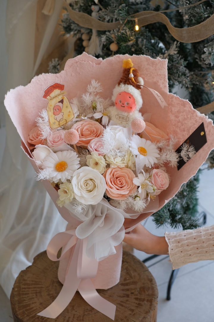 Plush soap flower bouquet with Sweet Cream style character and pastel roses