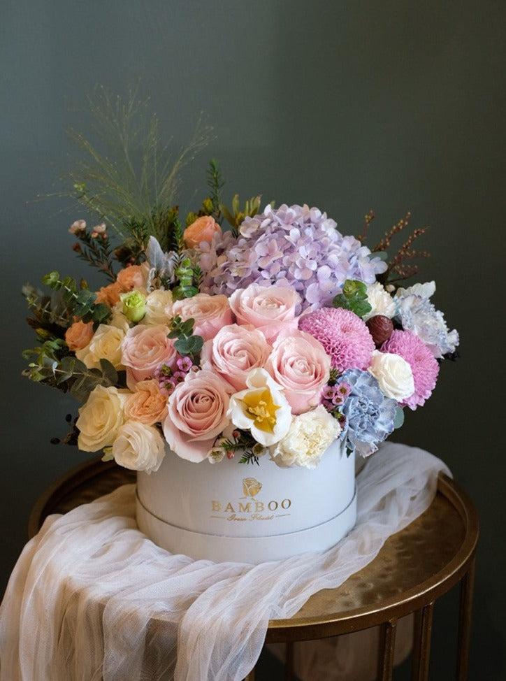 A glorious assembly of Hydrangeas, Eustomas, and Roses, creating a stunning visual texture and a feast for the eyes. Perfect for any special occasion!