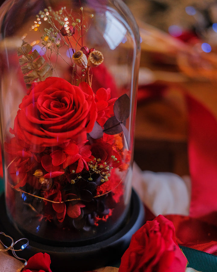 A stunning preserved red rose arrangement encased in an elegant glass dome, symbolizing eternal love and romance. A timeless gift for special occasions. Order online from Bamboo Green Florist, your trusted Penang florist.