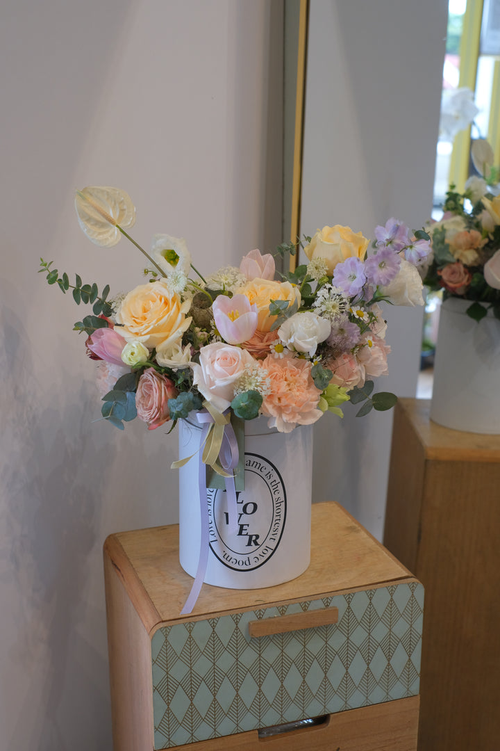 Omakase (お任せ) floral arrangement by Bamboo Green Florist, featuring a delicate palette of light pastels to surprise, support, or soothe. Same-day delivery in Penang available.